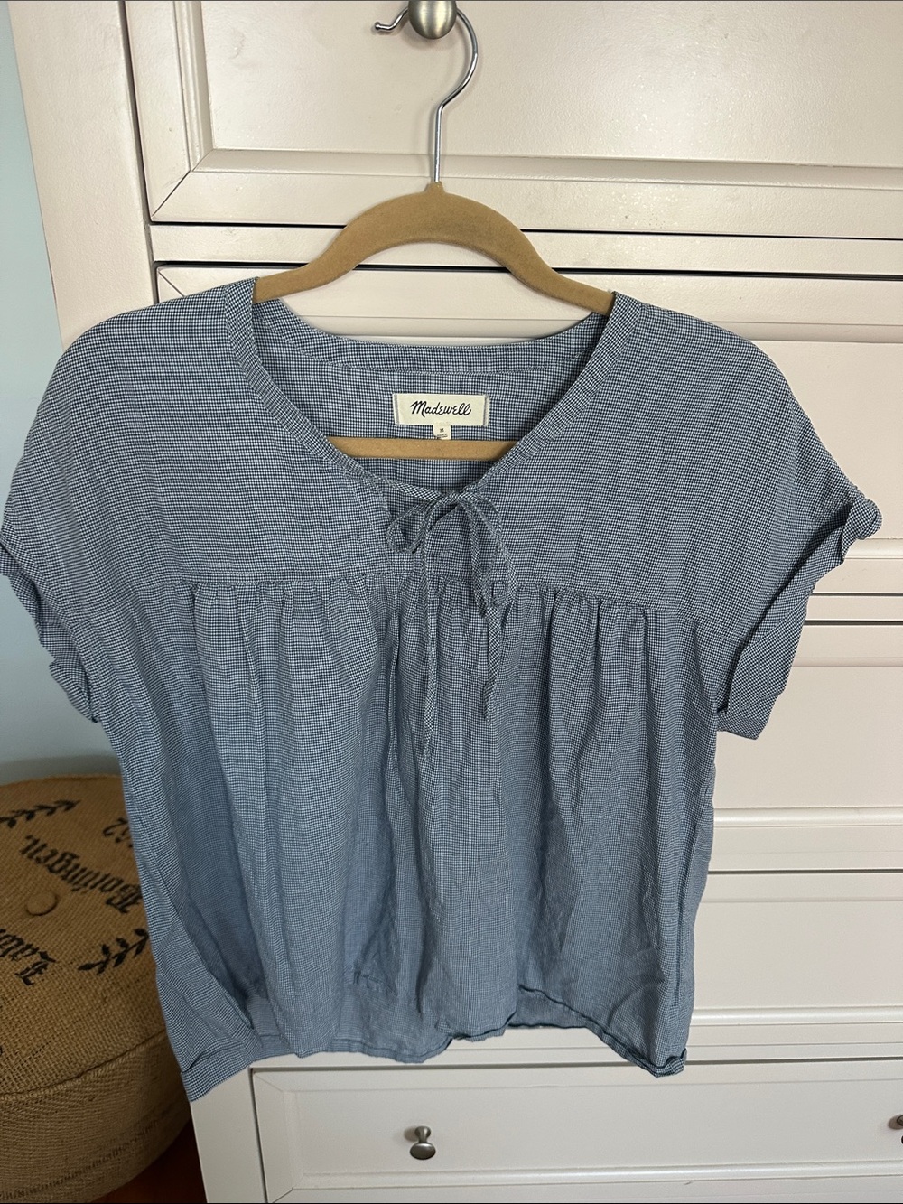 Madewell Soft Blue Tie-Neck Peasant Blouse